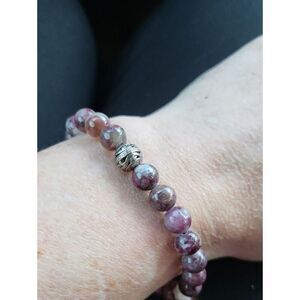 Beaded Purple Stone Stretch Bracelet with Silver Accent